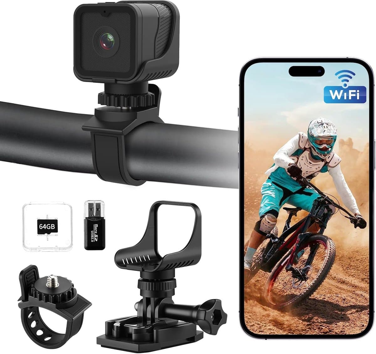 SnelShoppen - AIKER Dashcam Motorcamera 1080PHD met Wifi, Waterdicht IP66, 120° Groothoek, Sportcamera voor Motorhelmen, Inclusief 64 GB Geheugenkaart — afbeelding 1