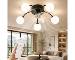 Glitzerlife - Plafond ventilator met verlichting Plafondlamp Ventilatorlamp - 5xG9 fitting - Stille plafondventilator DC motor 6 snelheden omkeerbaar - afstandsbediening timerfunctie - modern design metaal PC - Ø57cm - zwart — afbeelding 1