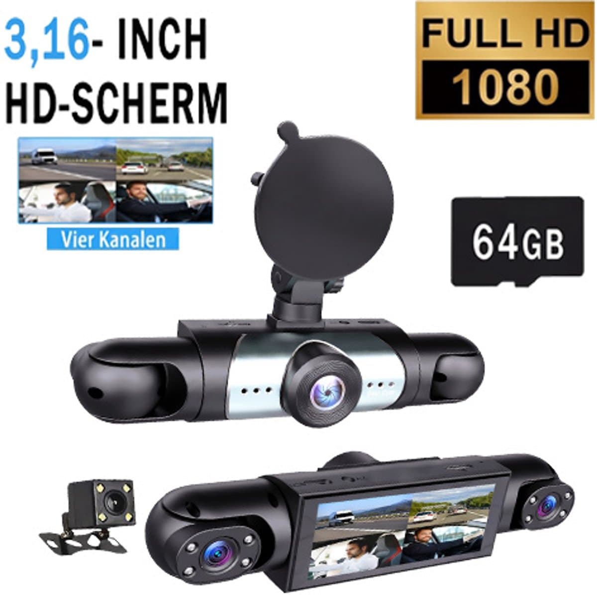SOGIOL Dashcam Auto - 4 Lenzen (Voor, Achter, Links, Rechts) - 1080P Full HD -Incl. 64GB SD-Kaart - WiFi & GPS - Nachtzicht - G-Sensor - Parkeerbewaking - 3,16 Inch met App — afbeelding 1