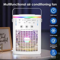 Draagbare airconditioners - 4-in-1 draagbare ventilator met 1000 ml tank - 3 snelheden en afstandsbediening - 2-8 uur timer - 7-kleurige ledverlichting - Mini verdampingsairco voor kamperen - kantoor - slaapkamer en auto — thumbnail 2