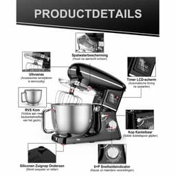 SHANNA Digitale Keukenmachine – 1600W Zuiver Koper – Standmixer – Bakmachine - 6,2L RVS Mengkom – Met LCD Timer, Deeghaak, Garde en Complete Bakaccessoires – Zwart — thumbnail 4