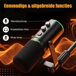 Fokelyi Streaming Microfoon Met RGB Verlichting - Condensatiemicrofoon Met Uitschuifbare Standaard - Galm Effect -Desktop Microfoon - XLR/USB-C - Noise Cancelling - Zwart — thumbnail 3