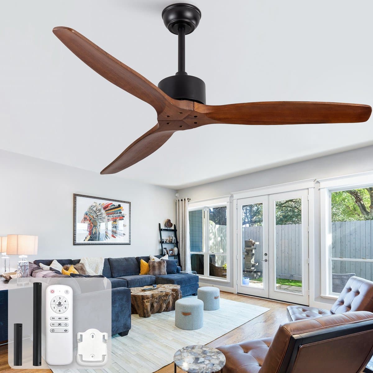 Plafondventilator 52 inch - Zonder verlichting - Met afstandsbediening - Zes snelheden met geheugen - Drie massief houten bladen - Omkeerfunctie — afbeelding 1