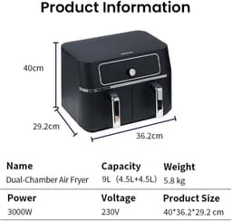 Dubbele Airfryer 9L – 2 x 4,5L – Dual Zone – 10 Voorgeprogrammeerde Programma’s – Digitale Bediening – Instelbare Temperatuur — thumbnail 5