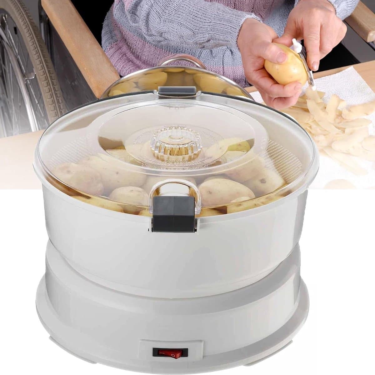 Elektrische Aardappelschiller - Groenteschiller Snijmachine - Snel Groenten Bereiden - Met Veiligheidsvergrendeling - 1 kg Capaciteit - Wit — afbeelding 1