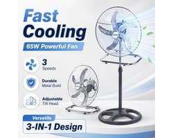 Staande Ventilator 3-in-1 - Vloer Tafel en Wandventilator - 3 Snelheden & Oscillatie - 60W Aluminium Bladen - Zilver — afbeelding 1