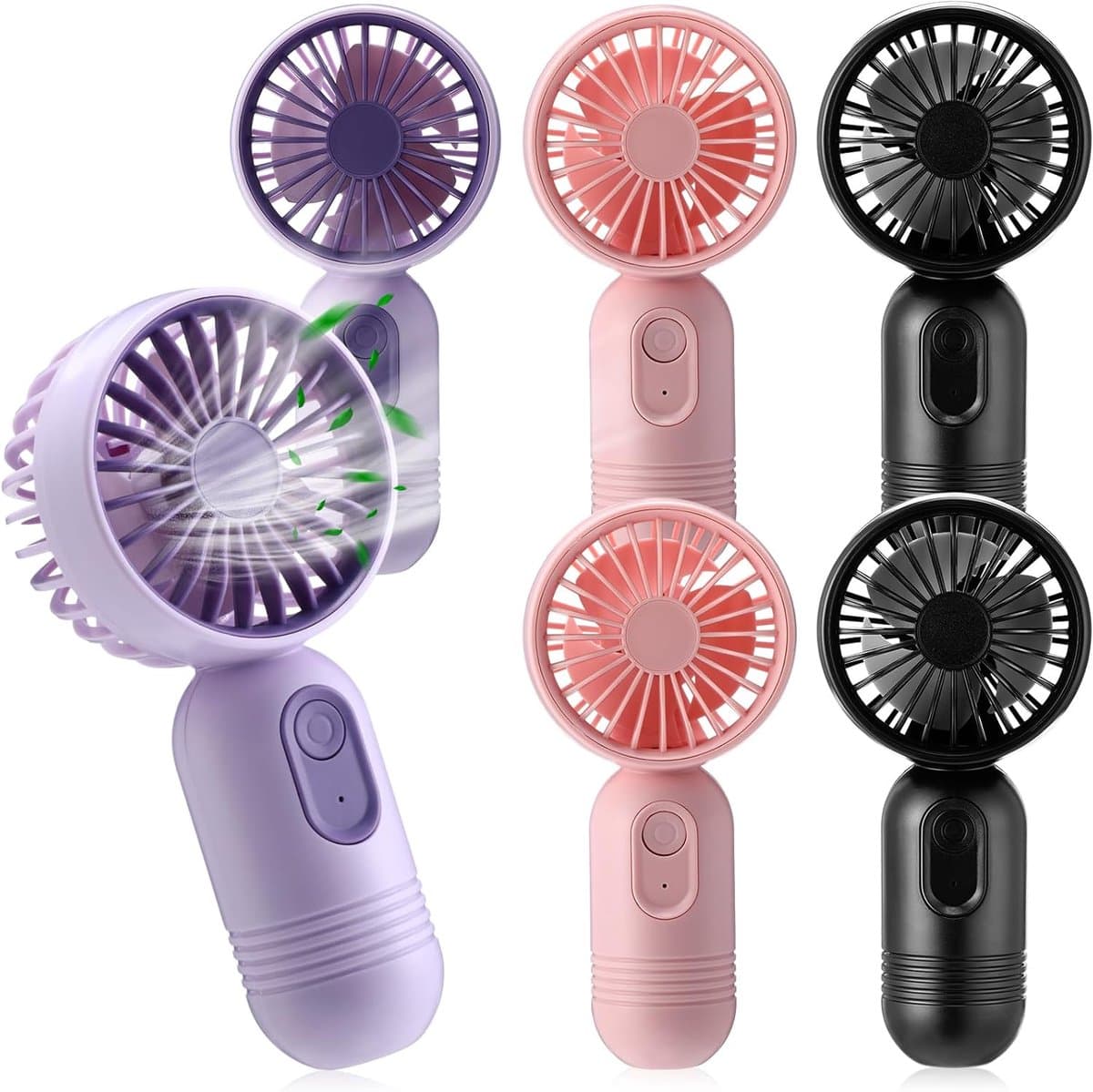 Set van 6 mini draagbare ventilatoren, schattig en lichtgewicht, compact en draagbaar, 3 windsnelheden, USB oplaadbaar, unisex, geschikt voor binnen- en buitengebruik, make-up en op reis (zwart, roze, paars). — afbeelding 1