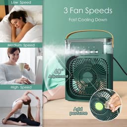 Deze draagbare 4-in-1 airconditioner combineert airconditioning, een ventilator, drie ventilatorsnelheden, een timer, een luchtbevochtiger (600 ml waterreservoir), USB-opladen, een luchtkoeler en een stille modus – in het blauw. — thumbnail 3