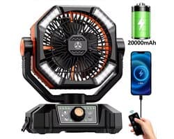 Hutjemutje - camping ventilator - ventilator - met 4 LED-lantaarn - 8 snelheden - draagbaar - met afstandsbediening - 20000 mAh batterij - zwart & oranje