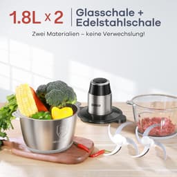 Elektrische hakmolen - Keukenmachine hakker - Ingrediënten verwerken - Twee snelheden dubbele messen - 2x 1.8 liter kommen - Zwart — thumbnail 3
