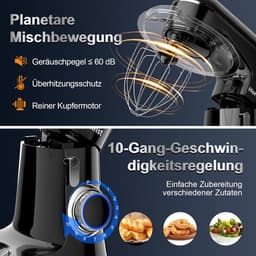 SnelShoppen - Keukenmachine 1400 W, Kneedmachine met Roestvrijstalen Kom van 6 Liter, 10+ P-niveaus, Deegmachine met Garde, Deeghaak en Spatbeschermin — thumbnail 4
