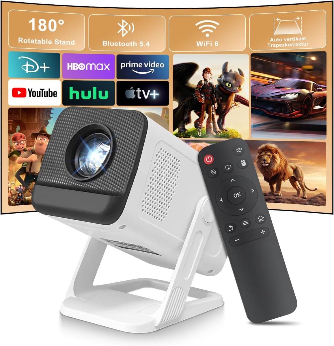 SnelShoppen - Mini Beamer 4K Projector, Draagbare WiFi 6 en Bluetooth 5.4 Video Projector, Home Cinema met Automatische Correctie en Handmatige Focus, — afbeelding 1
