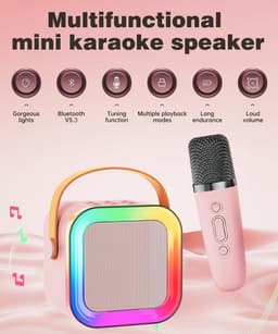 Mini Karaoke Machine Speaker for Kids Adults,Portable Bluetooth with 1-2 Wireless Microphones,Christmas Birthday Gifts Toys Girls Boys Ages 4, 5, 6,7, 8,9,10,11,12+ Years Old Toddler (Pink - 2 Mic) — thumbnail 5