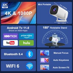 SnelShoppen - Mini-beamer 4K Full HD 1080p Draagbare Projector met WiFi 6, Bluetooth 5.4, Autokeystone, Handmatige Scherpstelling, 180° Draaibaar - Id — thumbnail 5