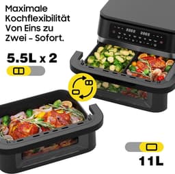 Heteluchtfriteuse Dubbele Zone - Airfryer met 2 kamers - Gezond Frituren - Flexibele Capaciteit - 11 Liter - Zwart — thumbnail 5