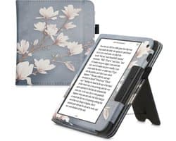 kwmobile e-reader hoesje geschikt voor Tolino Vision 6 hoes - E reader flip case van kunstleer - Ereader cover met stand - Magnolia design in taupe / wit / blauwgrijs