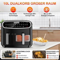 Equivera Dubbele Airfryer - Dubbele Mand - Dual Cook - Heteluchtfriteuse - Verschillende Programma's - Dual Zone - Mega — thumbnail 4