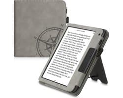 kwmobile e-reader hoesje geschikt voor Tolino Vision 6 hoes - E reader flip case van kunstleer - Ereader cover met stand - Vintage Kompas design in grijs