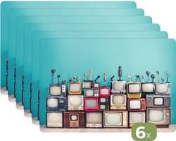 Placemats - 6 stuks - 45x30 cm - Placemat kunststof - Televisie - Microfoon - Vintage - Borden onderleggers - Decoratie voor op tafel - Keuken tafeldecoratie accessoires - Vinyl onderlegger - Tafelversiering