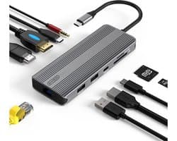 M-TECK Portable USB-C Docking Station Hub met 2 x HDMI - 2 x USB 3.0 - 2 - USB-C - Ethernet - Kaartlezer - 3.5mm audio - Geschikt voor Laptop