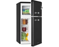 Klarstein Irene - Koel-vriescombinatie, retro koelkast, 61 liter koelgedeelte, 25 liter vriesgedeelte, stille werking (40 dB), 2 koelstanden, 2 deurvakken, voor kleine gezinnen en alleenstaanden, zwart