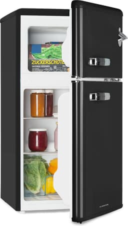 Klarstein Koelkast Irene - Koel-vriescombinatie, retro , 61 liter koelgedeelte, vriesgedeelte, stille werking (40 dB), 2 koelstanden, 2 deurvakken, voor kleine gezinnen en alleenstaanden, zwart - voor Keuken - Mini Fridge — thumbnail 1