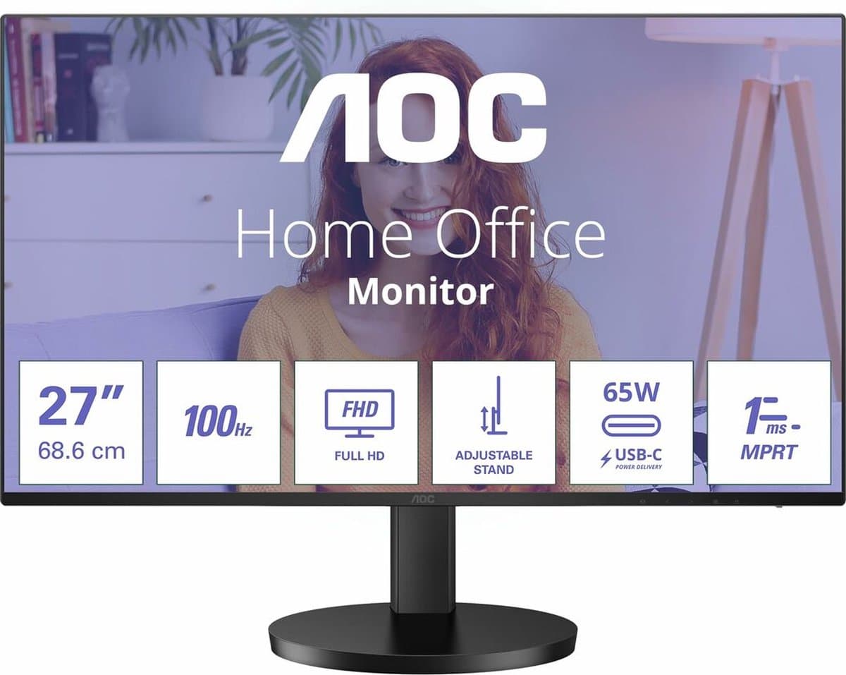 AOC 27B3CF2 - Full HD USB-C Monitor - 65w - 100hz - 1ms - FreeSync - Speakers - 27 inch — afbeelding 1