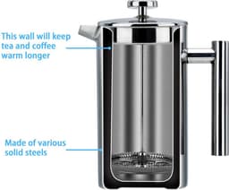 Intirilife koffiepot in SILVER - 1 liter koffiezetapparaat volgens het French press systeem gemaakt van roestvrij staal met roestvrijstalen filter - plunjer koffiezetapparaat koffiepers — thumbnail 3