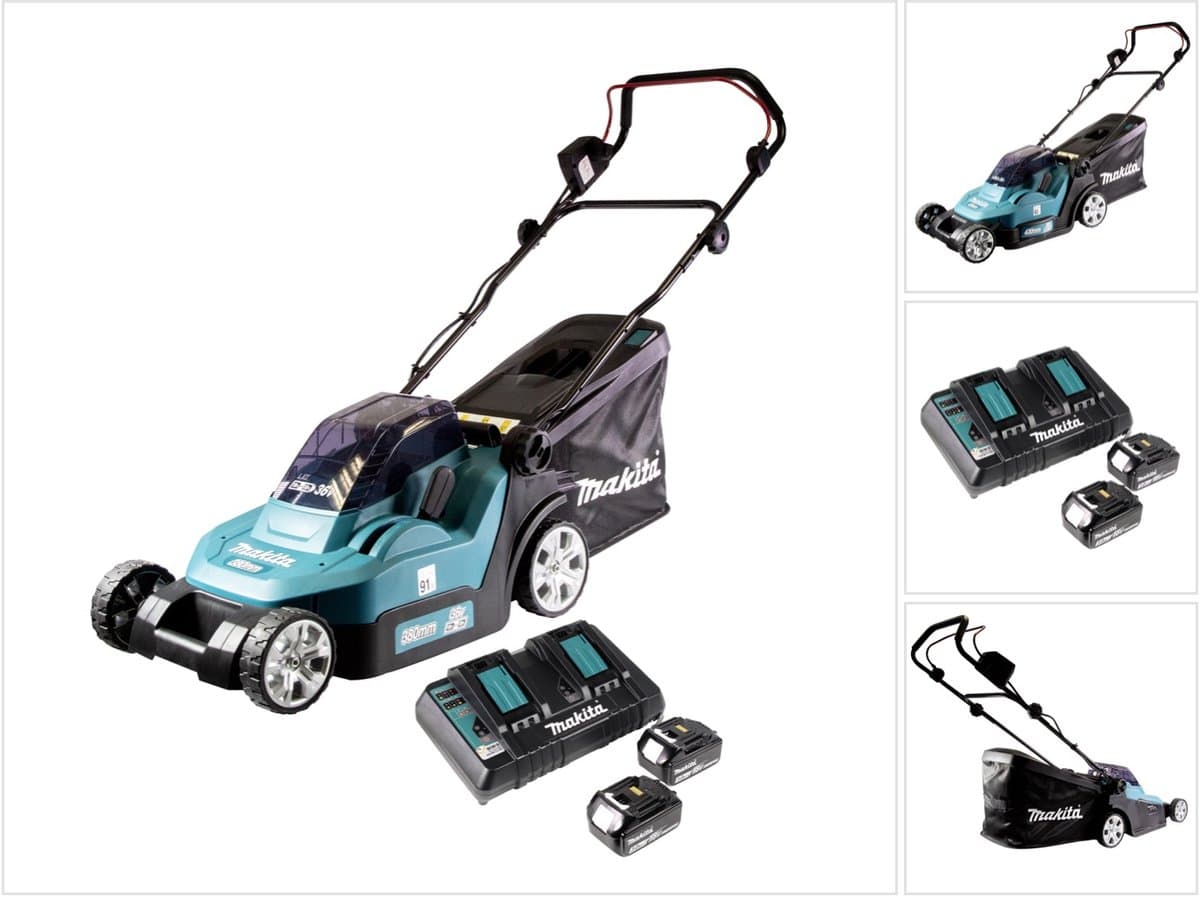 Makita DLM 432 PF2 accu grasmaaier 36 V ( 2x 18 V ) 43 cm borstelloos + 2x accu 3.0 Ah + dubbele lader — afbeelding 1