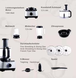 Keukenmachine - Alles in 1 keukenmachine - Multifunctionele keukenmachine - 11 in 1 - Blender - Citruspers - Kneden - Hakken - Malen - Mixen - 1300W - Zilvergrijs — thumbnail 3