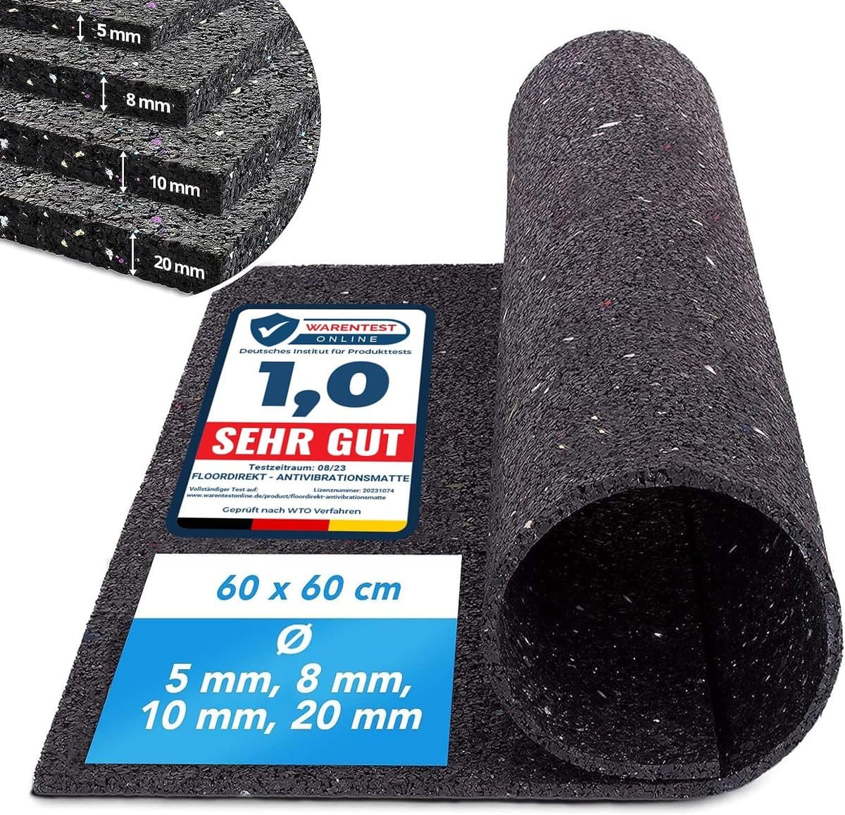 FLOORDIREKT Antitrilmat - Made in Germany - Voor Wasmachines, Drogers, enz. - Op maat te knippen - Verkrijgbaar in 4 Diktes - 19,7 mm - 62,5 x 250 cm — afbeelding 1