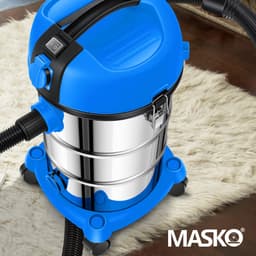 MASKO® industriële stofzuiger nat-droog roestvrij staal 2300W + stopcontact | blaasfunctie | droog en nat zuigen | Push&Clean | industriële stofzuiger met en zonder zak | zakloos - Blauw / Grijs — thumbnail 2