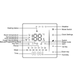 WiFi Smart Thermostat, een regelaar vloerverwarming geschikt voor een kleuren-leddisplay waarop de tijd, dag van de week, temperatuur, luchtvochtigheid en het weer worden weergegeven. Wit. — thumbnail 2