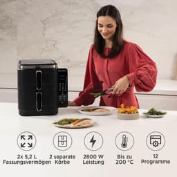 Heteluchtfriteuse Dubbele Kamer - Airfryer Frituurpan - Gezond Koken - Ruimtebesparend Verticaal Design - 104 Liter - Zwart — thumbnail 3