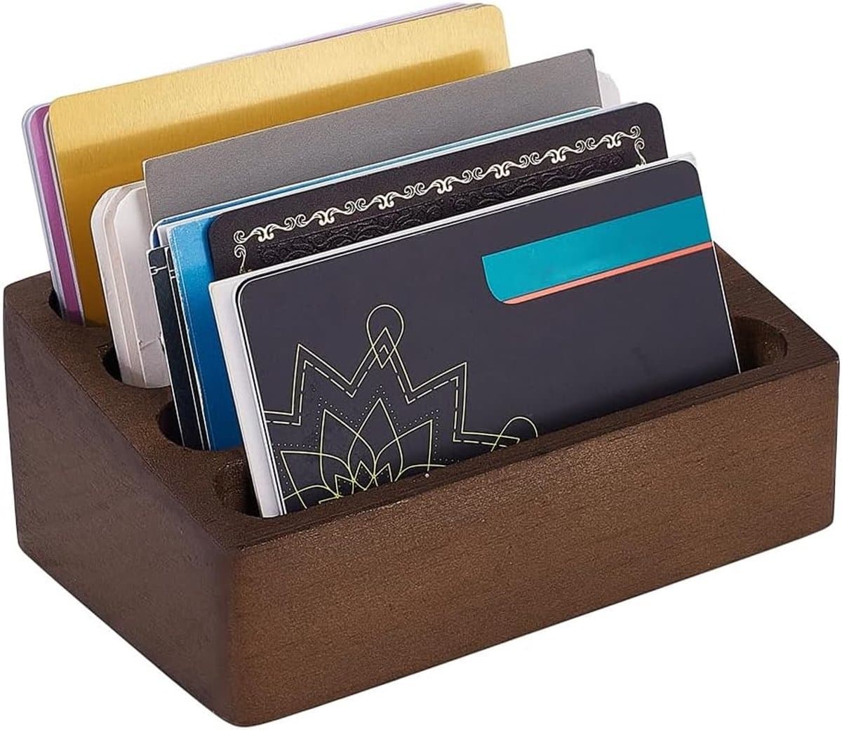 Houten Visitekaartjeshouder voor Bureau met 4 Kaartsleuven - Professionele Kaartdisplay voor Kantoor en Thuis, 115x72x46mm, Kokosnootbruin — afbeelding 1