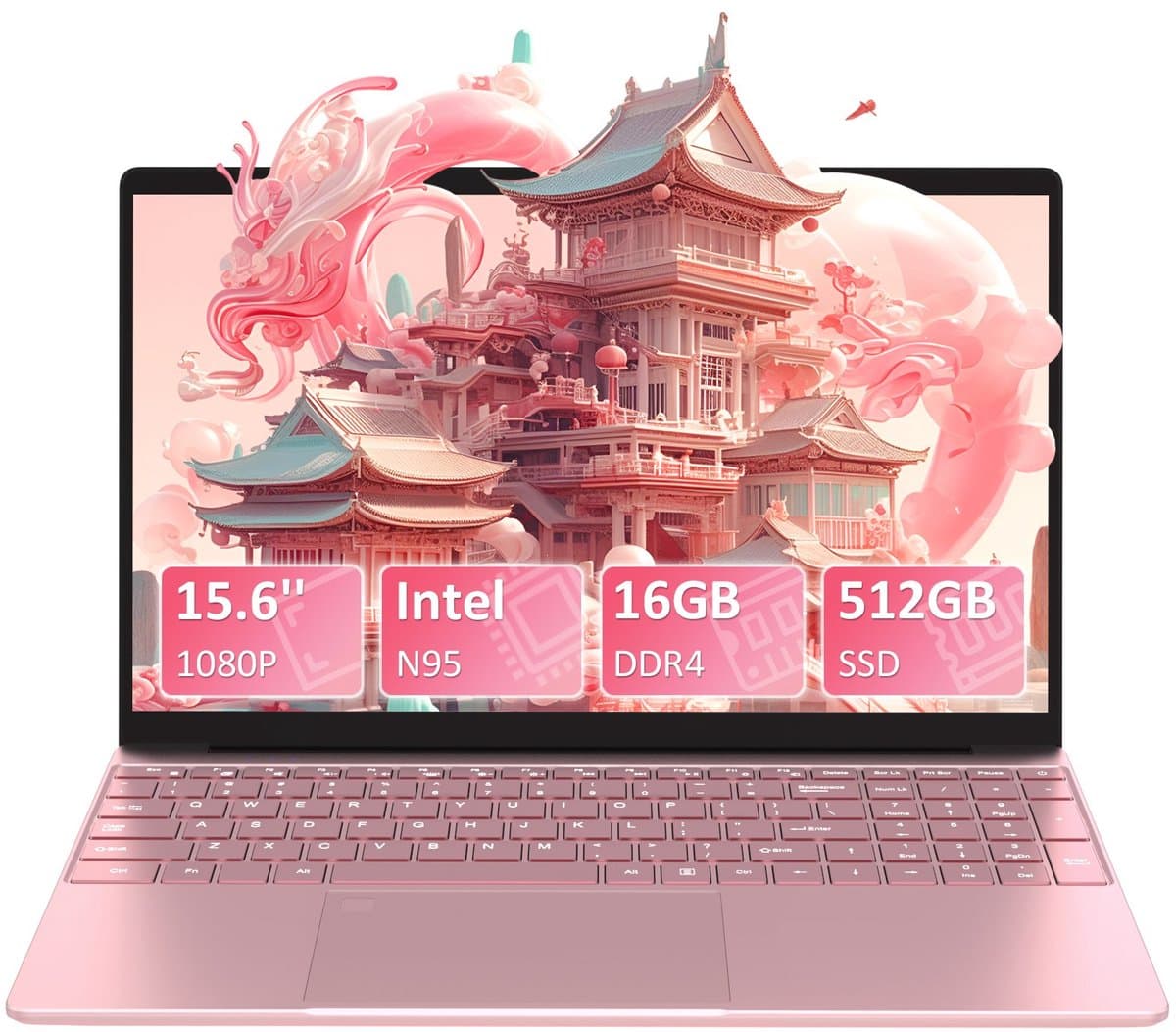 Auusda T152A - 15.6 inch roze laptop - N95 processor, 16GB RAM, 512GB NVMe SSD - Full HD scherm - Backlit toetsenbord - Vingerafdruksensor - WIFI5 — afbeelding 1
