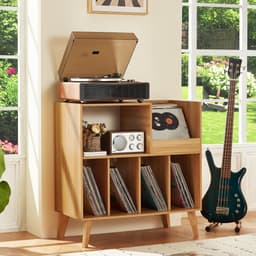 Platenspeler Stand - Platenspeler Meubel - Hout - Vinyl Opbergsysteem voor LP's - Platenkast - LP Record Holder - Display Rek voor Draaitafel, Boeken & Tijdschriften - Platenspelerstandaard - Vintage Bruin & Zwart - Audio Meubel — thumbnail 2