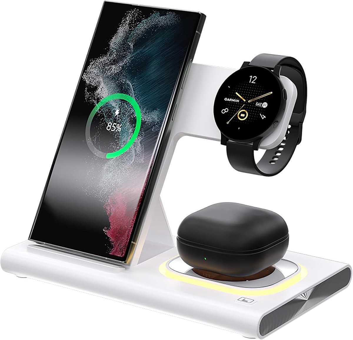 3-in-1 draadloze oplader voor Samsung laadstation Android smartphone meerdere apparaten LED-licht inklapbare dock oplader standaard geschikt voor Samsung Galaxy S25 S24 S23 S22 Note 20 Watch 8/7/6 oordopjes — afbeelding 1