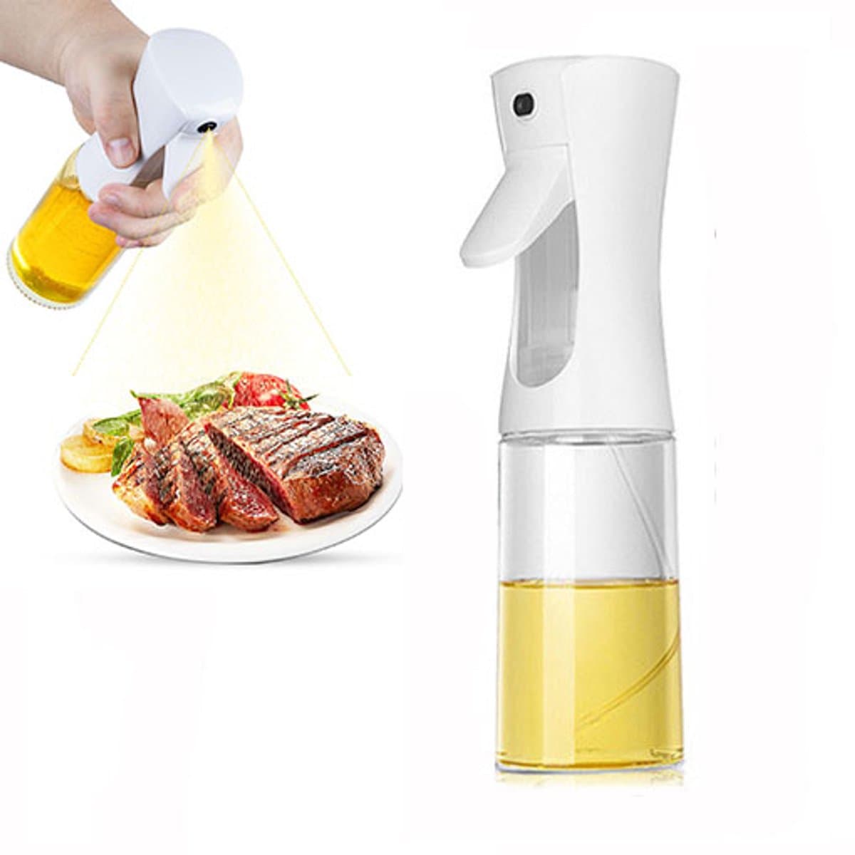 Plastic oliespuitfles - Olijfoliespuit - Spuitfles - Spuitfles met drukknop - Sproeier - Spuitfles - Keukenhulpmiddel - Nauwkeurige oliedosering - 200 ml - Geschikt voor keuken, airfryer, salade, barbecue - Wit — afbeelding 1