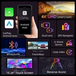 Dashcam voor Auto - 10.26” 4K Dashcam – CarPlay & Android Auto – 350° Rotatie – 6M AHD Achtercamera – Nachtzicht & Rijassistentie - Zwart — thumbnail 3