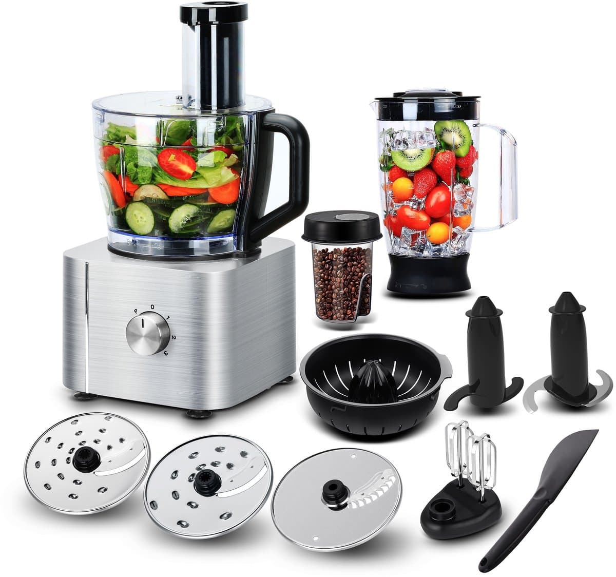 Blender-foodprocessor-keukenmachine 11 in 1-Mixen, Kneedden, Malen, Kloppen en Sapcentrifugeren- 1100W- 3 Snelheden-3,2L Kom en 1,5L Blenderkan. — afbeelding 1