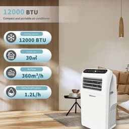Daity Draagbare airconditioner van 12.000 BTU (3,5 kW) – Drie-in-één functie (koelen, ontvochtigen, luchttoevoer) – Uitgerust met afstandsbediening, afdichtingsplaat, afvoerkanaal, connector en plat mondstuk – Milieuvriendelijk R290-koelmiddel — thumbnail 3