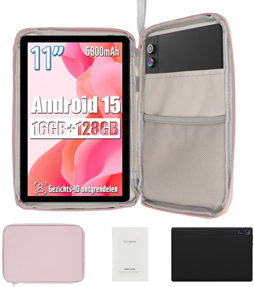 kotsren 11 Inch Tablets - Tablet Met Tablet Hoes Sleeve - Android 15 Kindertablet - 16GB RAM+128GB ROM - 6800mAh - 5G WIFI - Widevine L1 - Zwart — afbeelding 1