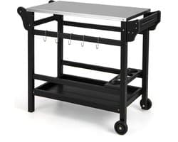 Buitenkeuken op Wielen – BBQ Trolley – Met Opbergkast & Planken – Werktafel voor Buiten – Hout & Metaal – Multifunctioneel – Zwart