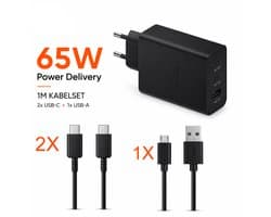 65W - Adapter - Inclusief 2 USB-C naar USB-C kabels en 1 USB-A micro kabel (1 meter) - 3 ingangen (2x USB-C - 1x USB-A) - Travel Charger - Super Snellader - Universeel - Voor iPhone 15/16, iPad Pro/Air, MacBook, Samsung Galaxy en Samsung Tab - Zwart