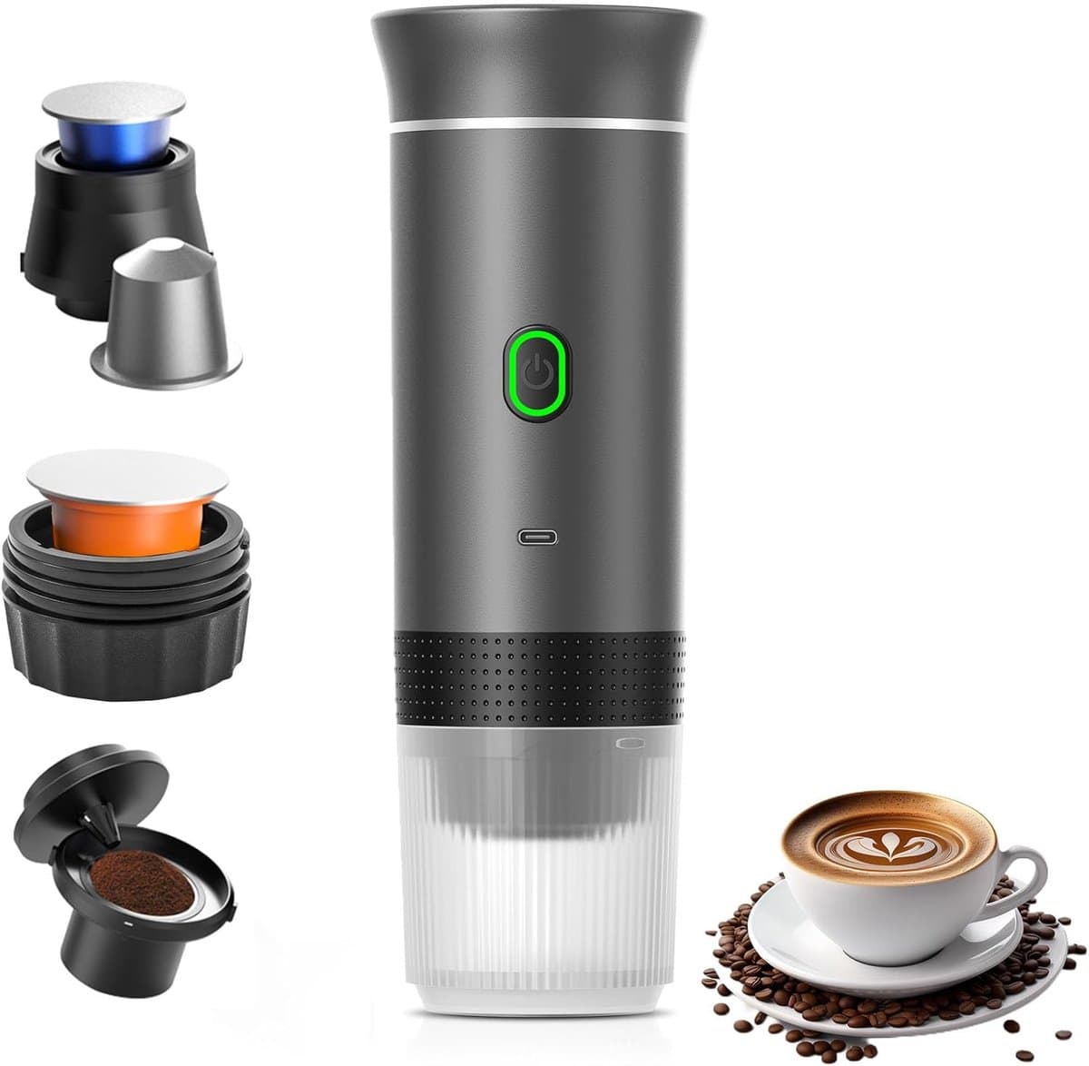 Koffiemachines - Koffiezetapparaat - Draagbaar Koffiezetapparaat - Koffiemolen - Compact koffiezetapparaat - Miniatuur draagbaar espressoapparaat - Elektrisch reiskoffiezetapparaat met verwarming - Van 60 ml - Voor wandelen - Grijs — afbeelding 1