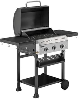 Gasbarbecue - Gasbarbecue en grill - 3 Branders - 9 kW - Grillwagen - Barbecuewagen - met Grillrooster, Wielen, Inklapbaar Bijzettafels, Thermometer, Onderste Plank, 6 Haken en Warmhoudplaten - 123 x 57 x 102 cm - Zwart — thumbnail 1