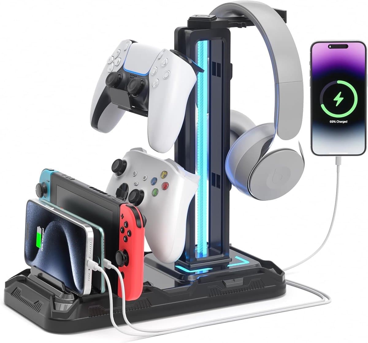 RGB Gaming Hoofdtelefoon- en Controllerhouder – Bureau-Statief met 9 Lichtmodi, 2 USB + 1 Type-C Oplaadpoorten, Compatibel met Smartphones, Tablets en Gamecontrollers — afbeelding 1