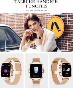 RAYOFI - Smartwatch - Nieuwe damessmartwatch 2026 - 1,75-inch fitnesshorloge - Met telefoonfunctionaliteit - Dubbele bandjes - Volledig touchscreen - Vierkant ontwerp - Stijlvol damessporthorloge - Goud - Compatibel met Android 4.4+ / iOS 10.0+ — thumbnail 2