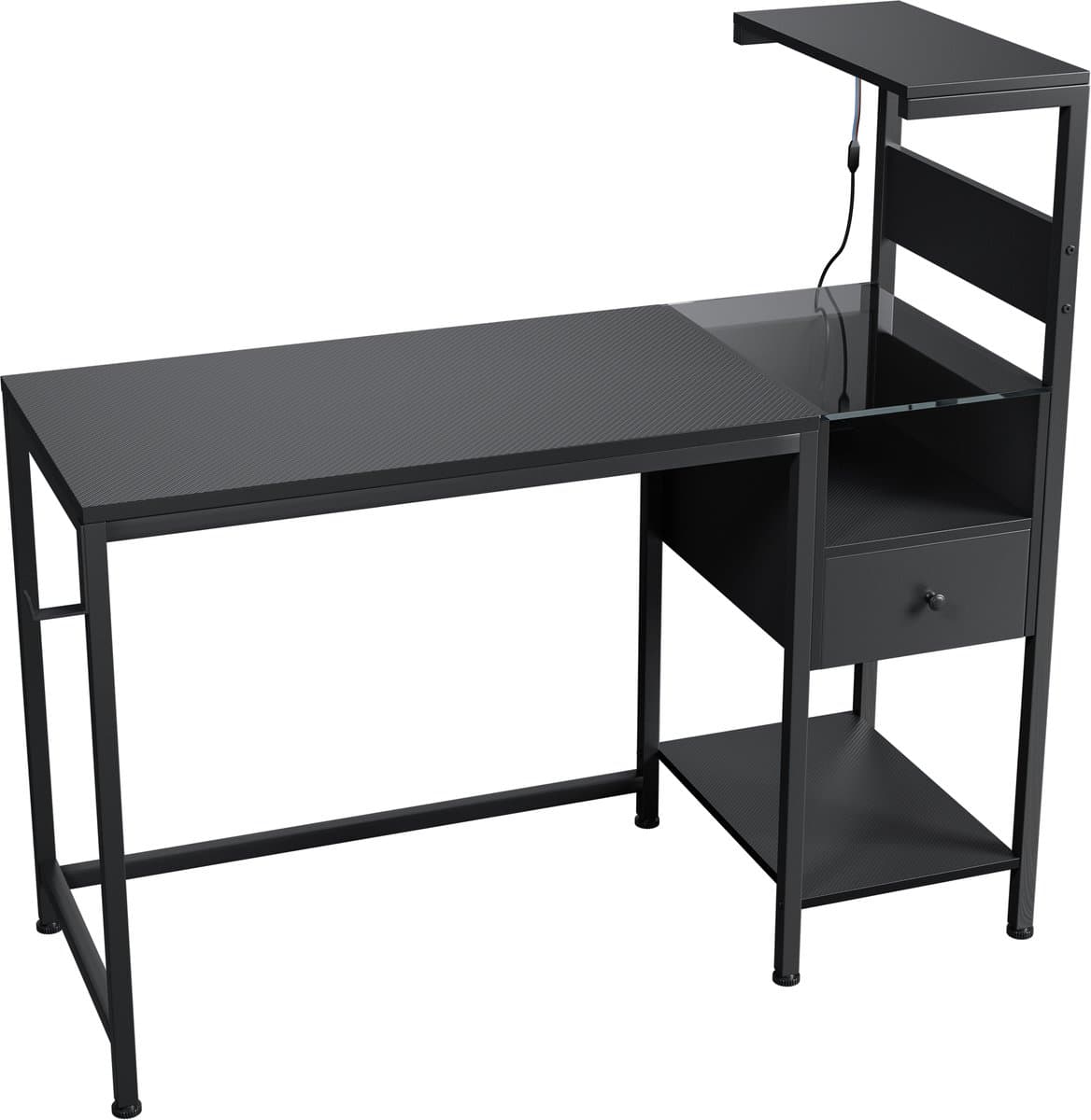 Bureau - Game Bureau - Computerbureau met stopcontact en opbergplanken - Tafel met USB-poorten en oplaadstation - Zwart - Computertafel — afbeelding 1